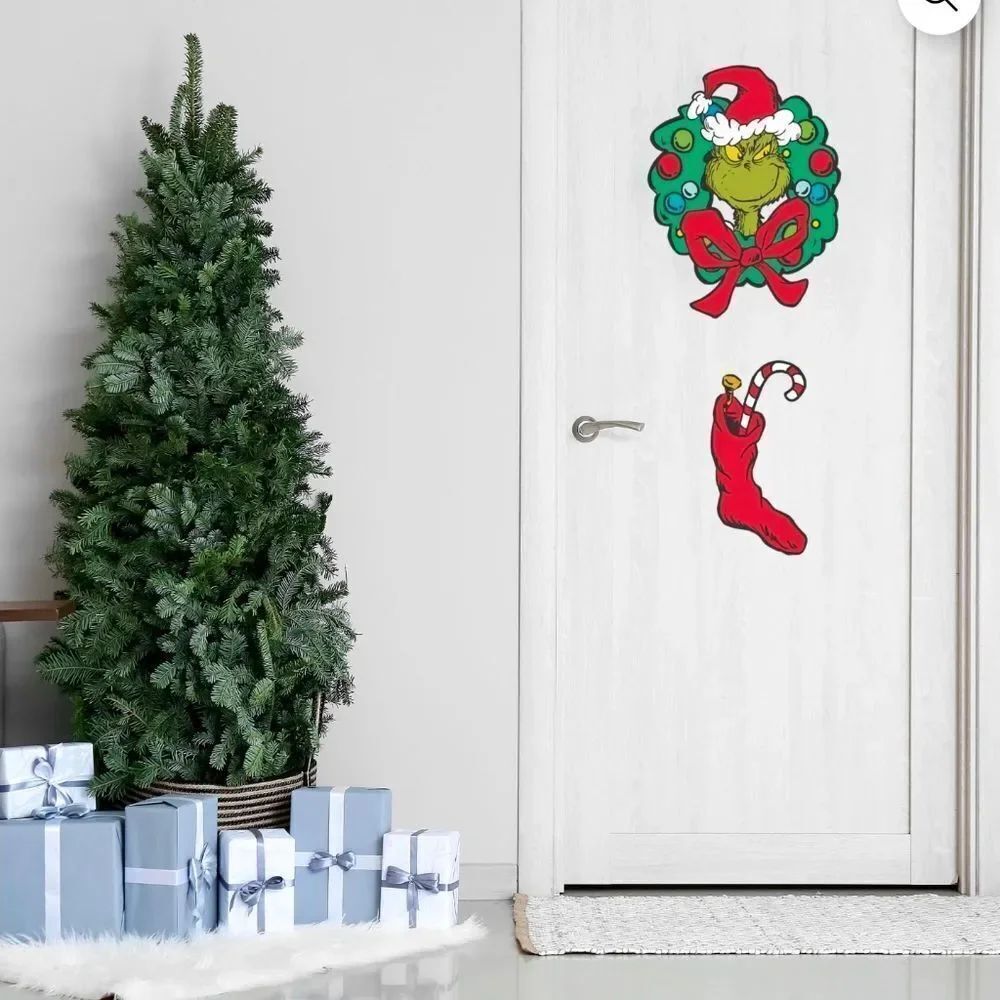 Dr. Seuss The Grinch in Wreath with Stocking Window Cling Vinyl Holiday Decor